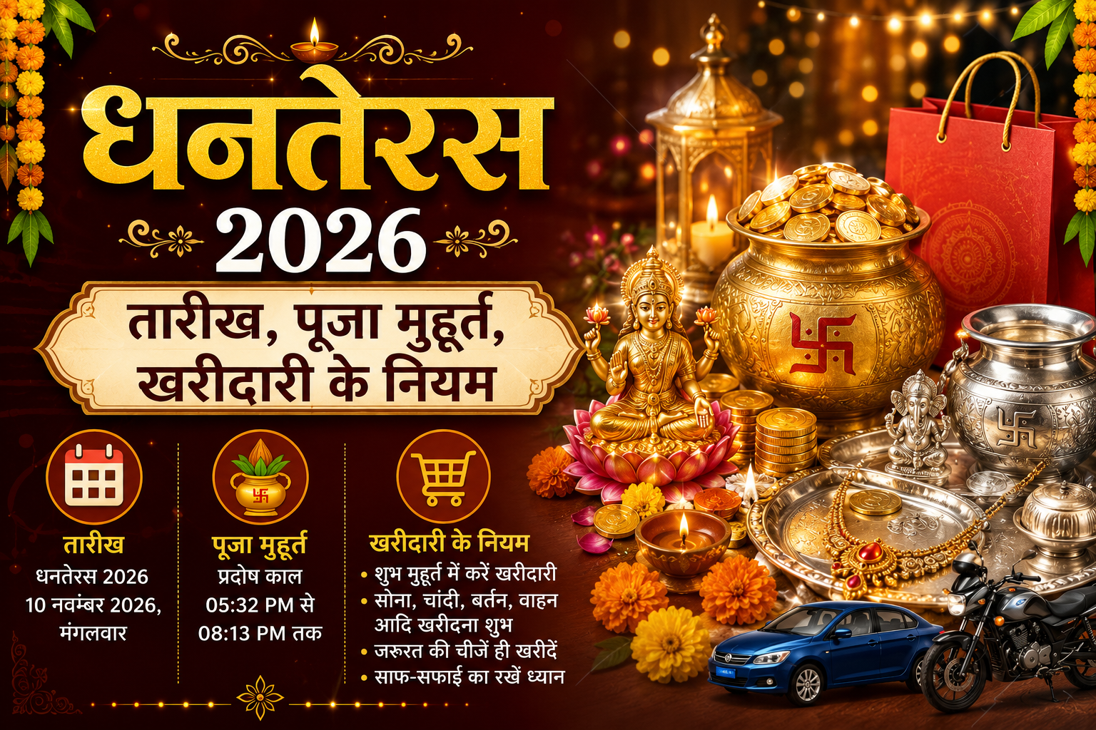 धनतेरस 2026: तारीख, पूजा मुहूर्त, खरीदारी के नियम